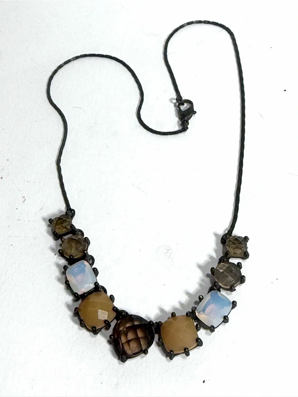 Vintage Avon Faceted Rhinestone Opalite Faux Amber Collar Necklace Dark Chain
